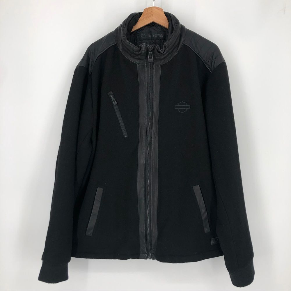 Harley Davidson Mens 2X Wool Goatskin Black Slim Fit Varsity Style‎ Jacket Coat